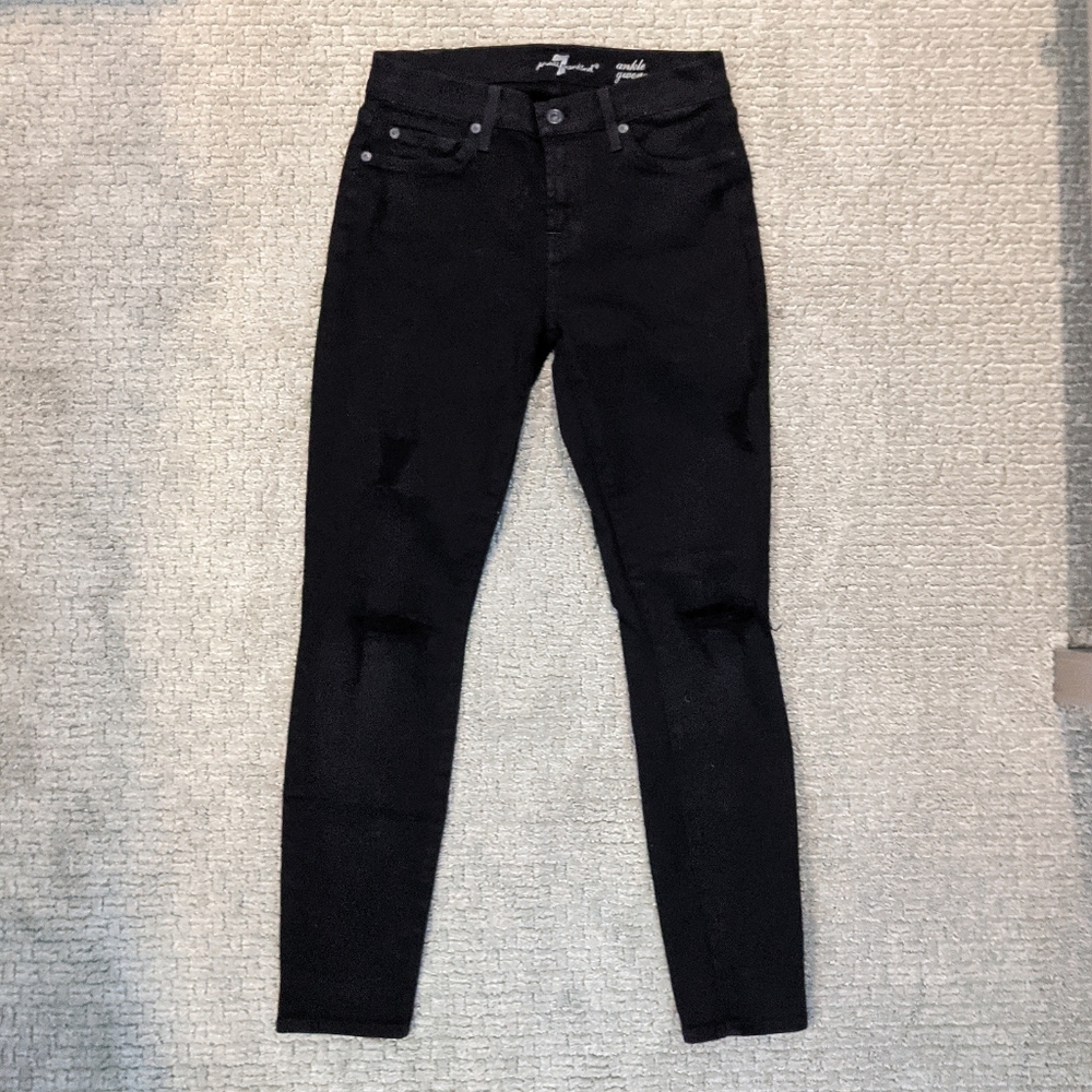7 For All Mankind Black Distressed Ankle Jeans 25